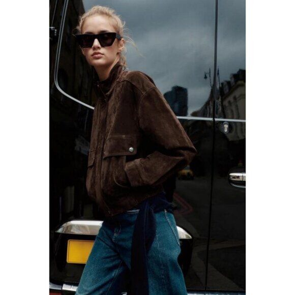 ZARA SUEDE LEATHER BOMBER JACKET WITH POCKETS - Picture 1 of 10